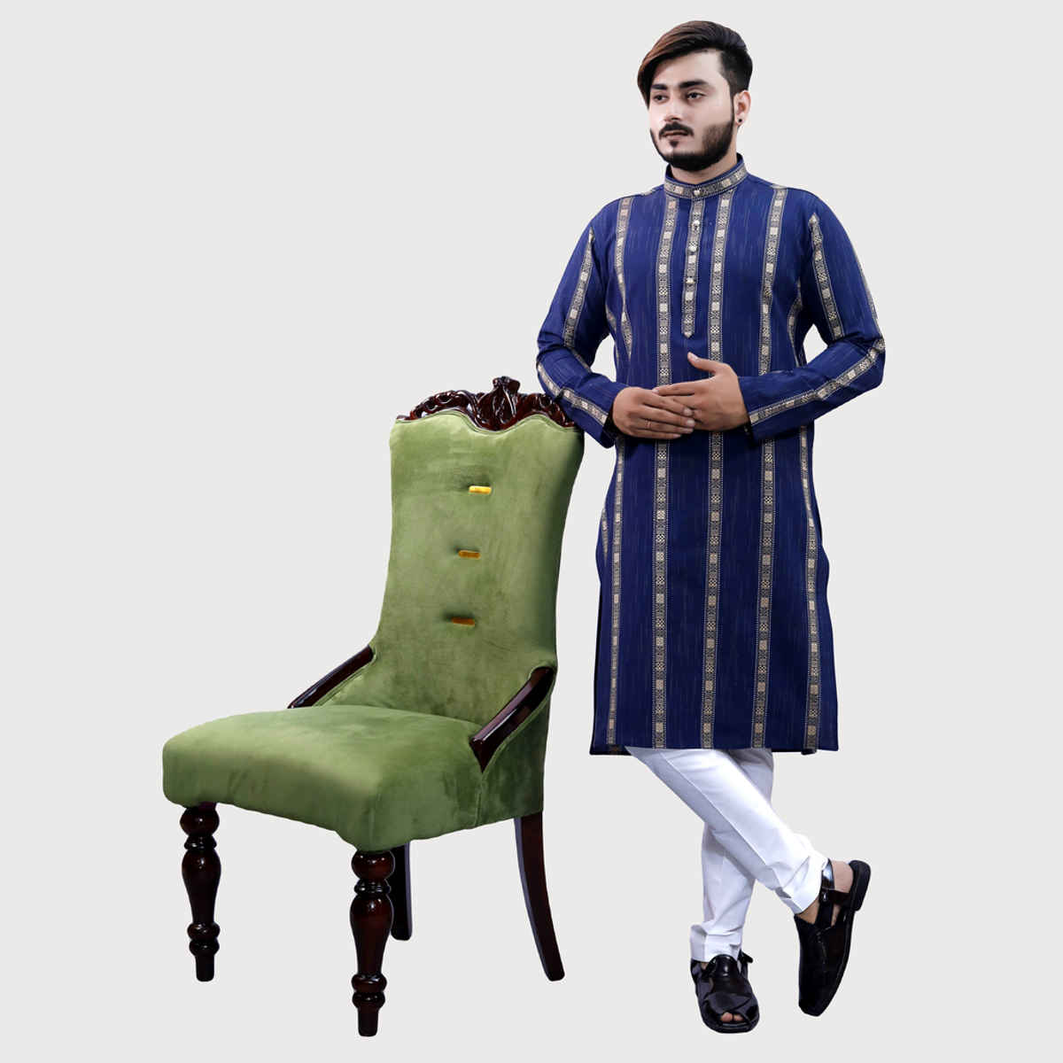 Tibra Collection Men Straight Kurta - Navy | Striped | Cotton Blend | XXL