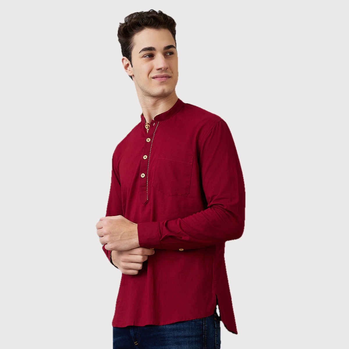 Ethnix by Raymond Men's Fit Pure Cotton Full Sleeve Folded Collar Short Kurta | Dark Red - L