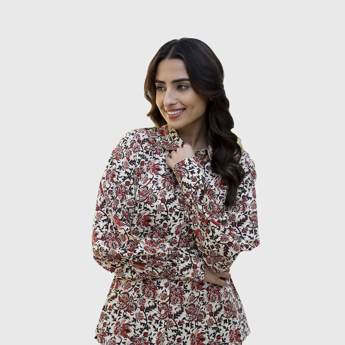 Sanskrutihomes Floral Printed Shirt Collar Pure Cotton Night Suit | Black - Red - White | L