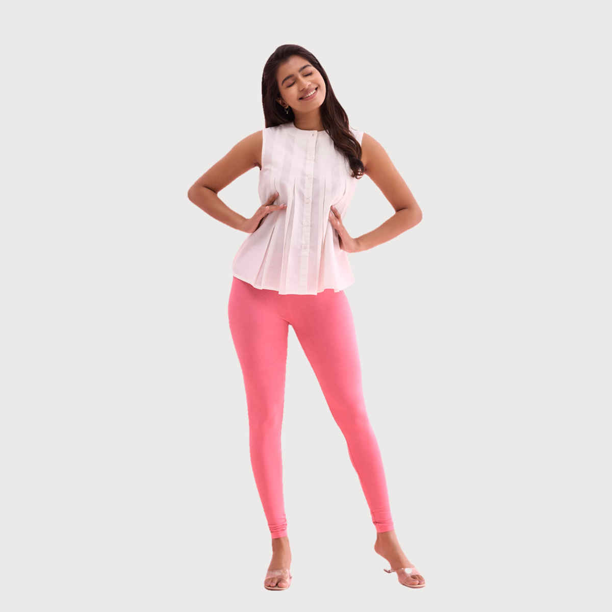 Go Colors Women's Solid Mid Rise Ankle Length Leggings | Young Pink - XL