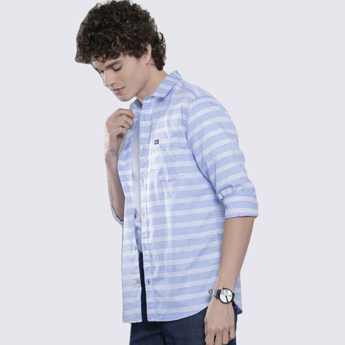 The Indian Garage Co Men's Slim Fit Striped Casual | Blue | XL