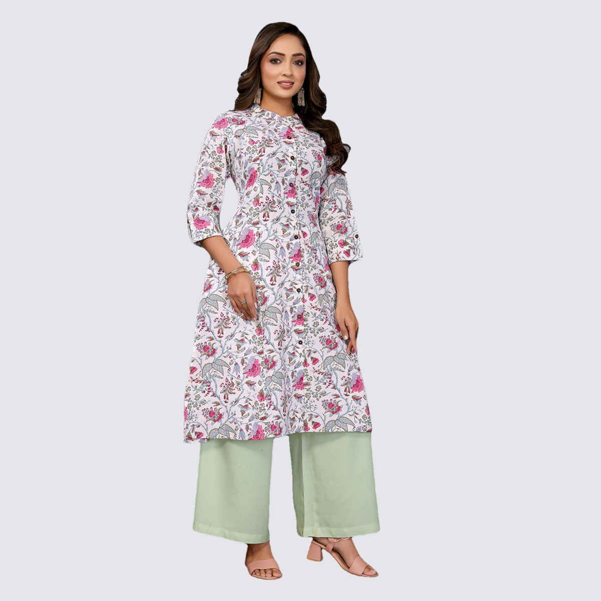 Rangita Women's Cotton Printed A-line Calf Length Kurta | Off White - S