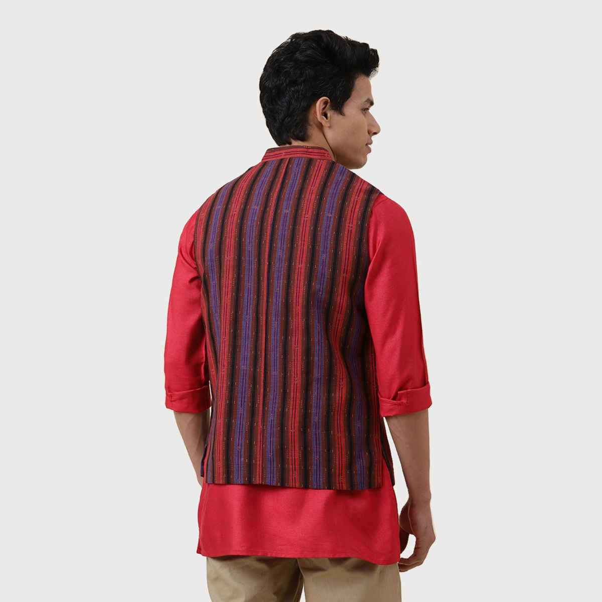 Fabindia Men's Nehru Jacket Printed Slim Fit | Red - M