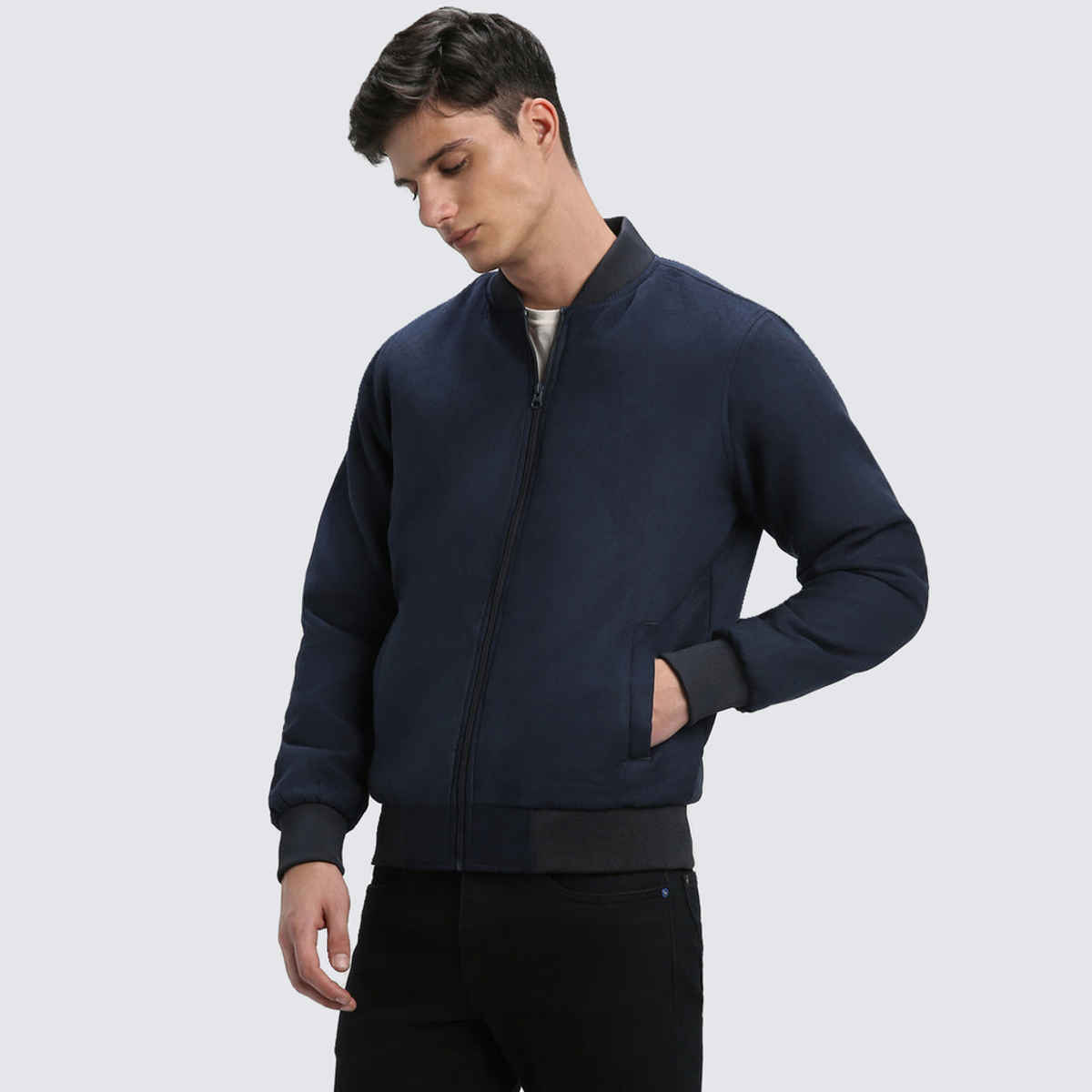 Dennis Lingo Men's Rib Collar Regular Fit Solid Navy Suede Bomber Jacket | Dlmjkw23030 - Nv | M