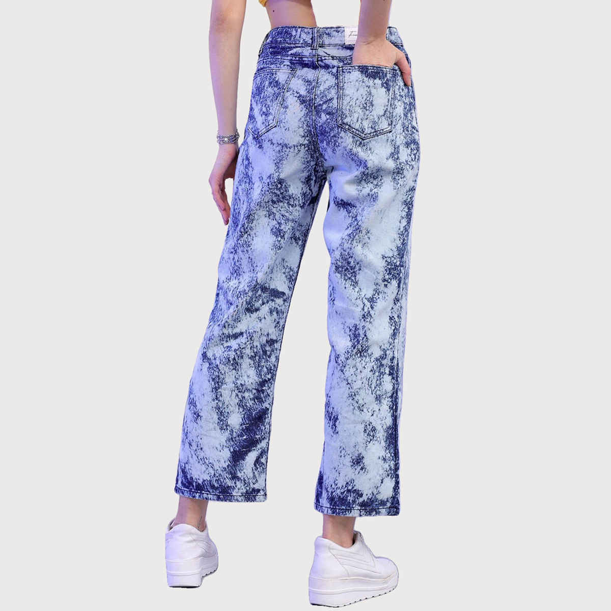 Freehand Women's Tie And Dye Wide Leg Denim Jeans | Blue - 34