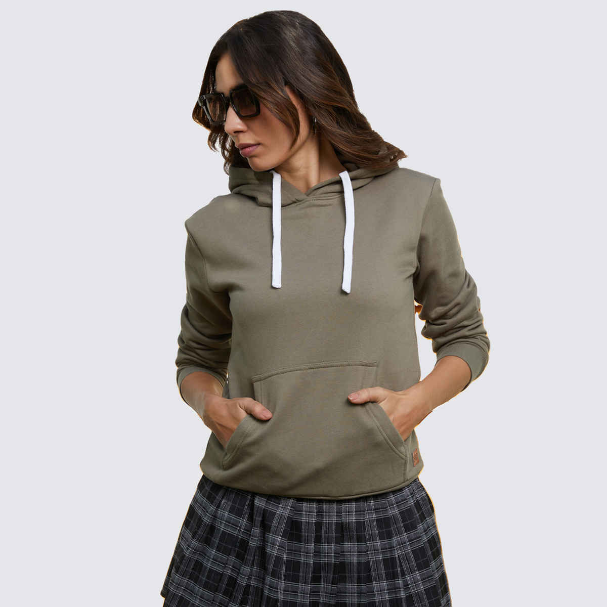 Campus Sutra Women's Solid Pullover Hoodie | Olive Green - L