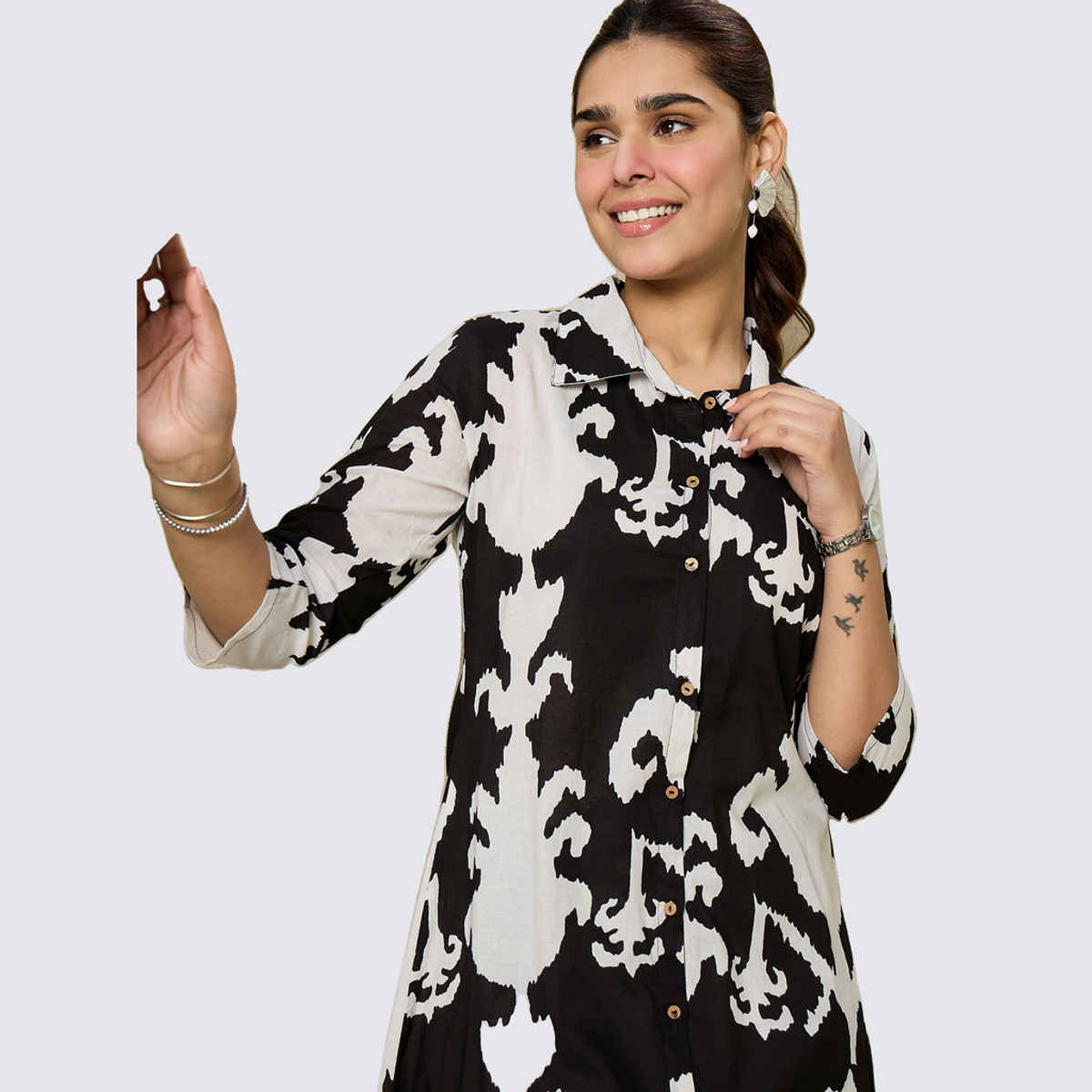 INDO ERA Women's Printed A-Line Kurta Pant set | CD0BK9661 | Black - XL