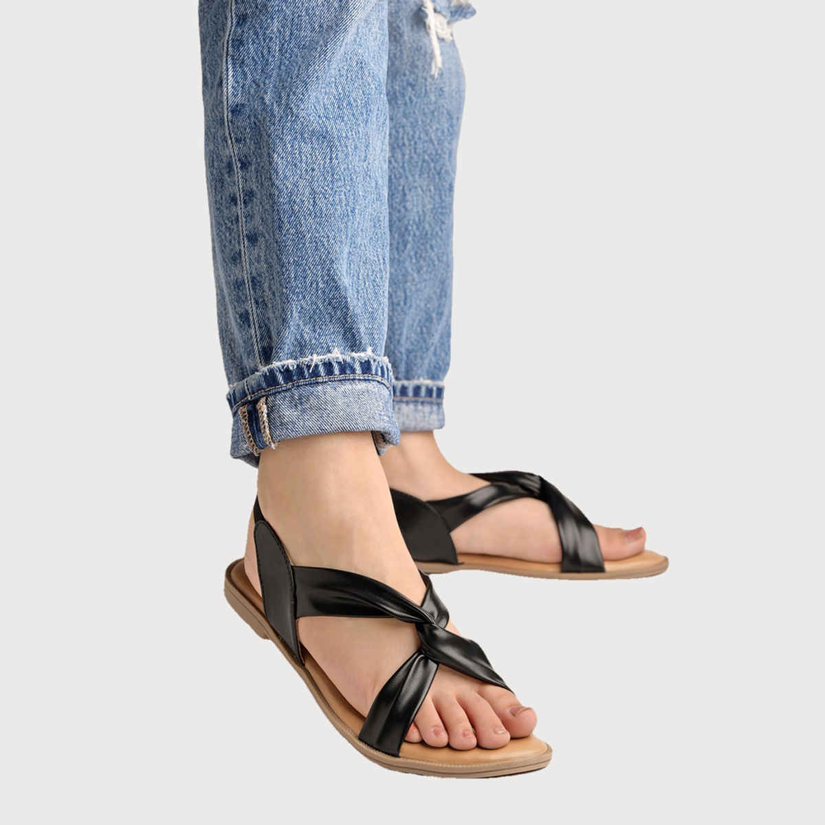 Shoetopia Cross Strap Black Flat Sandals For Women | UK 7