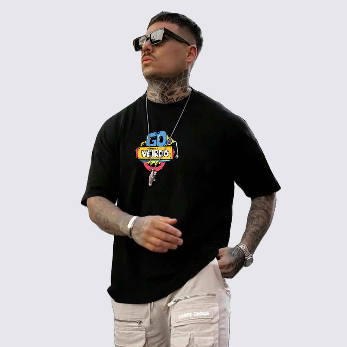 VEIRDO Men's Printed Oversized T-Shirt | TSH DDL BLK 730 | Black - S