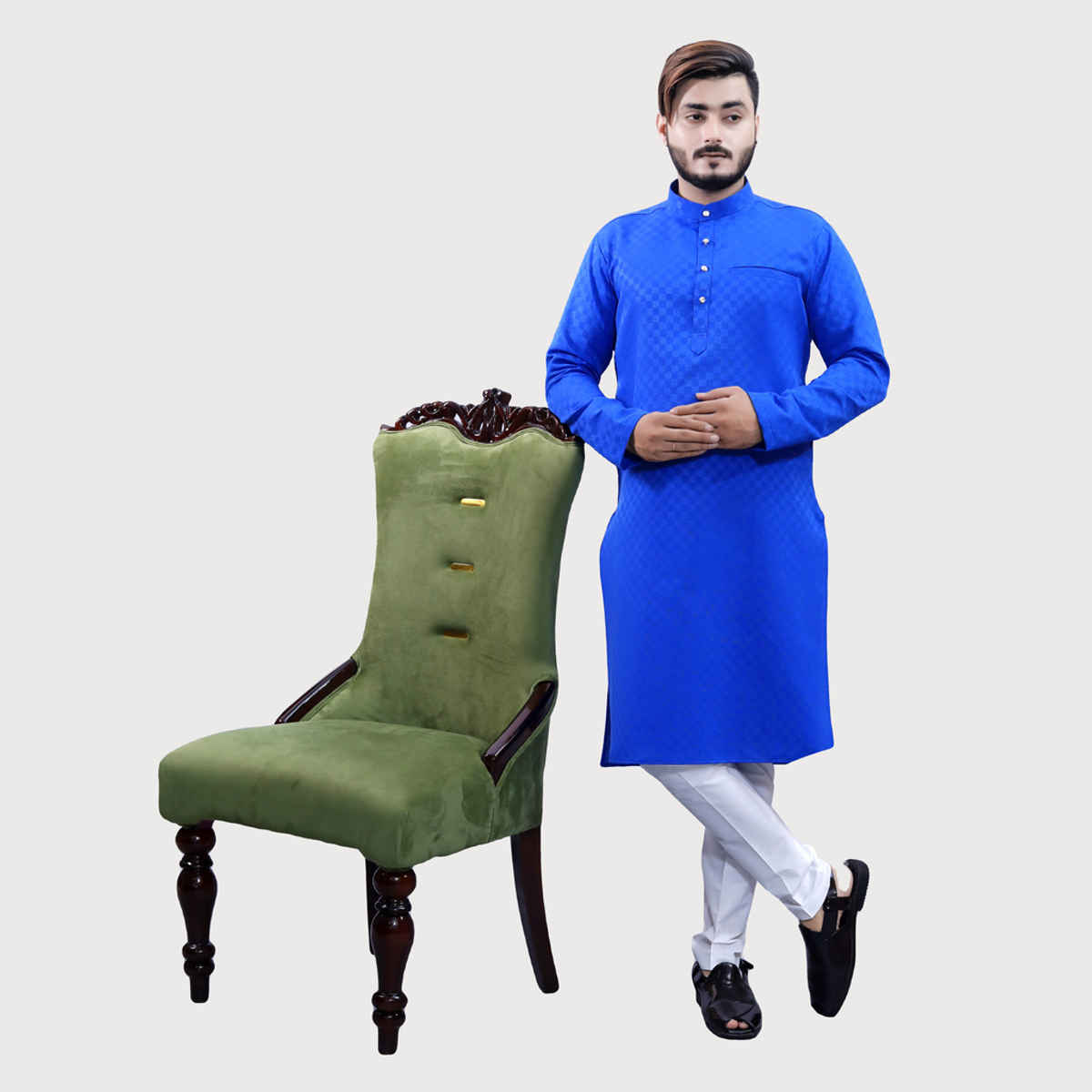 Tibra Collection Men Kurta - Blue | Block Pattern | Cotton Blend | XXL