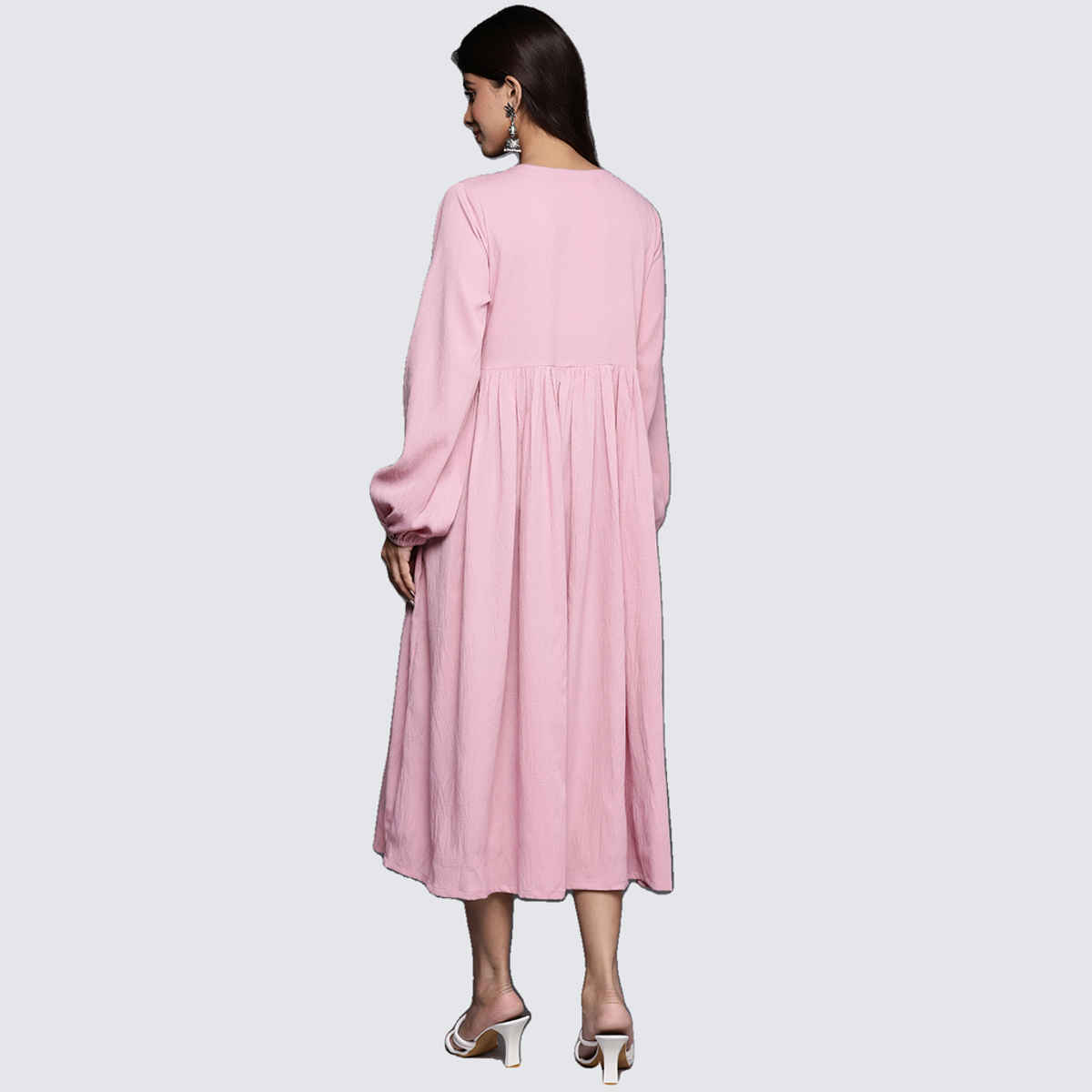 Varanga WoMen's V-Neck Bishop Sleeves Gathered Calf Length A-Line Dress with Flared Hem | Pink -2XL