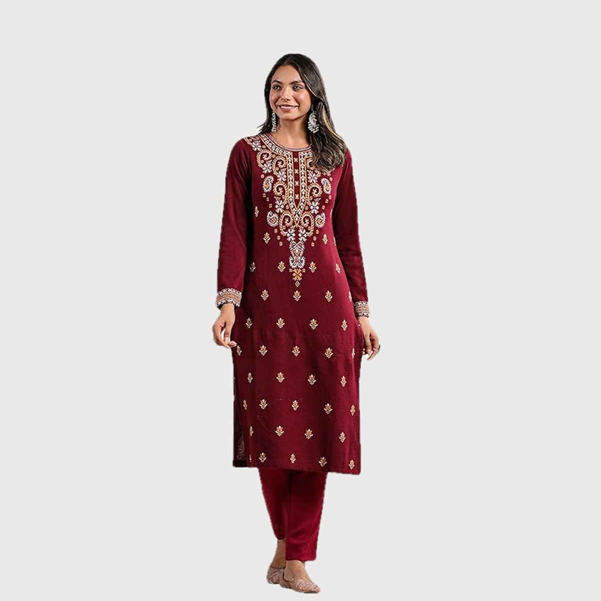Ishin Women's Kurta Ethnic Straight Poly | Wine - M