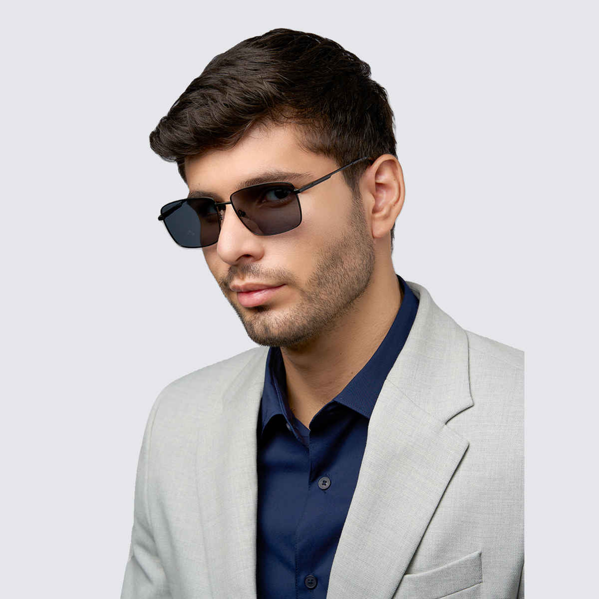 John Jacobs By Lenskart Unisex Solid Metal Rectangular Sunglasses | Black and Grey - Extra Wide