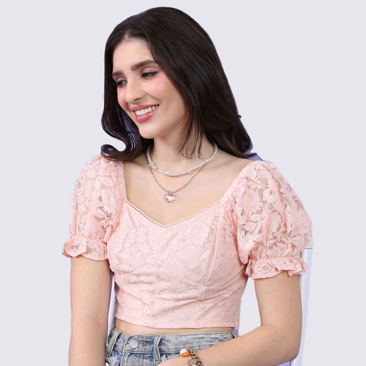 Tokyo Talkies Women's Floral Self Design Puff Sleeves Fitted Crop Top | Pink - M