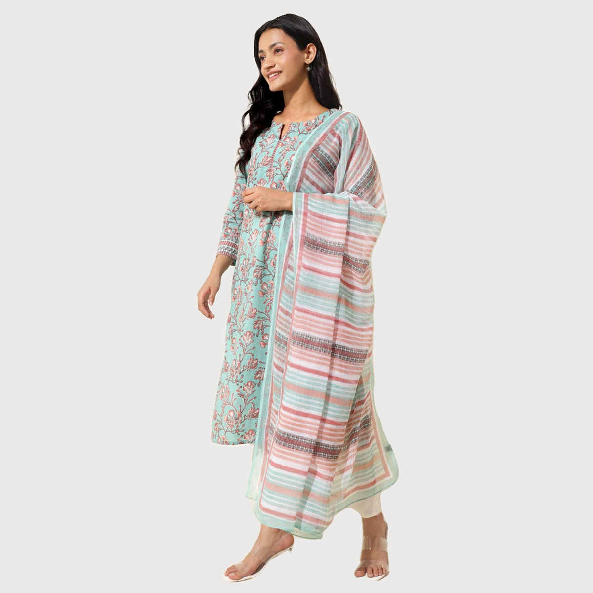 Fabindia Women's Dupatta & Kurta Set Printed | Blue - XL