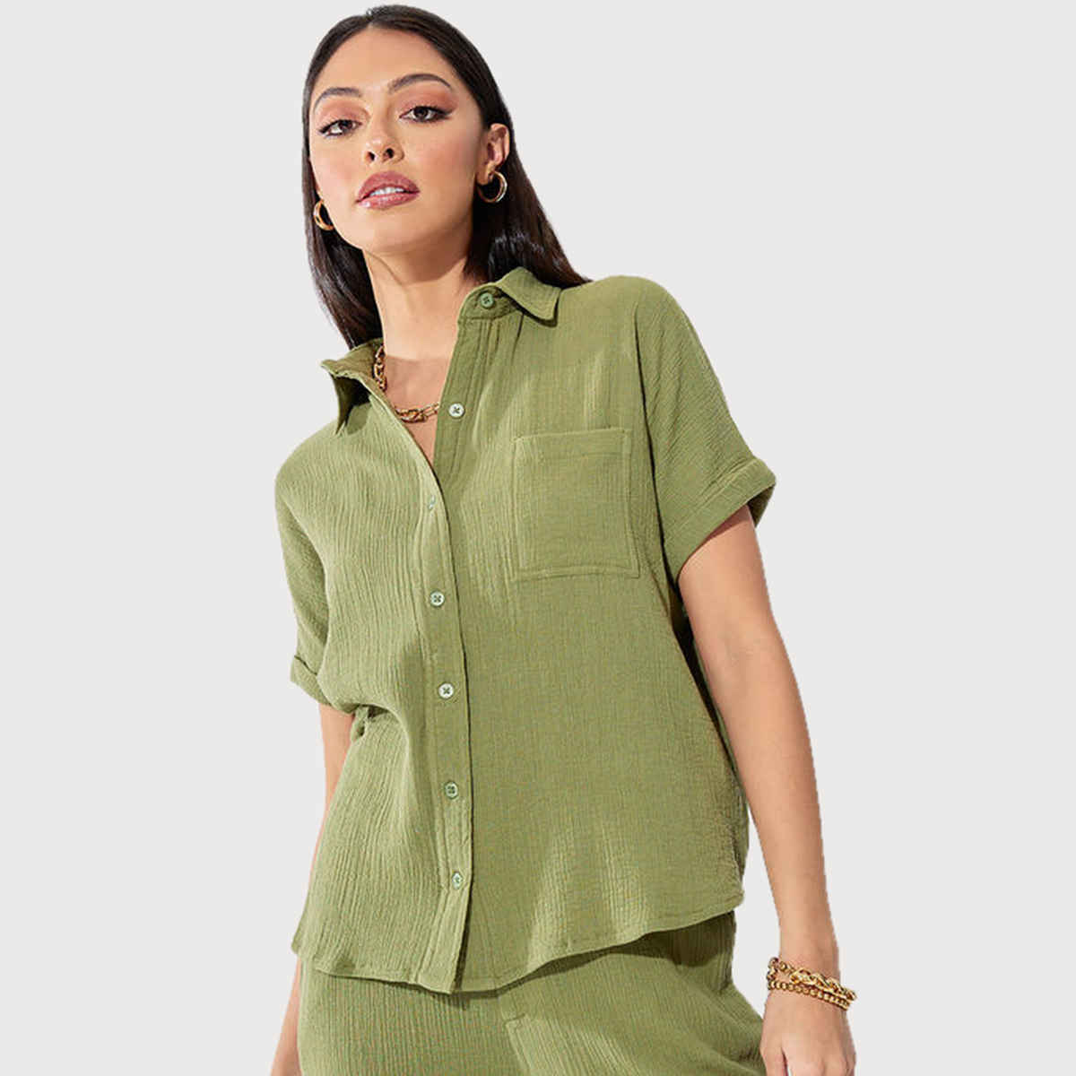 Styli Women's Regular Fit Shirt with Extended Shoulder and Cotton Fabric | Green - S