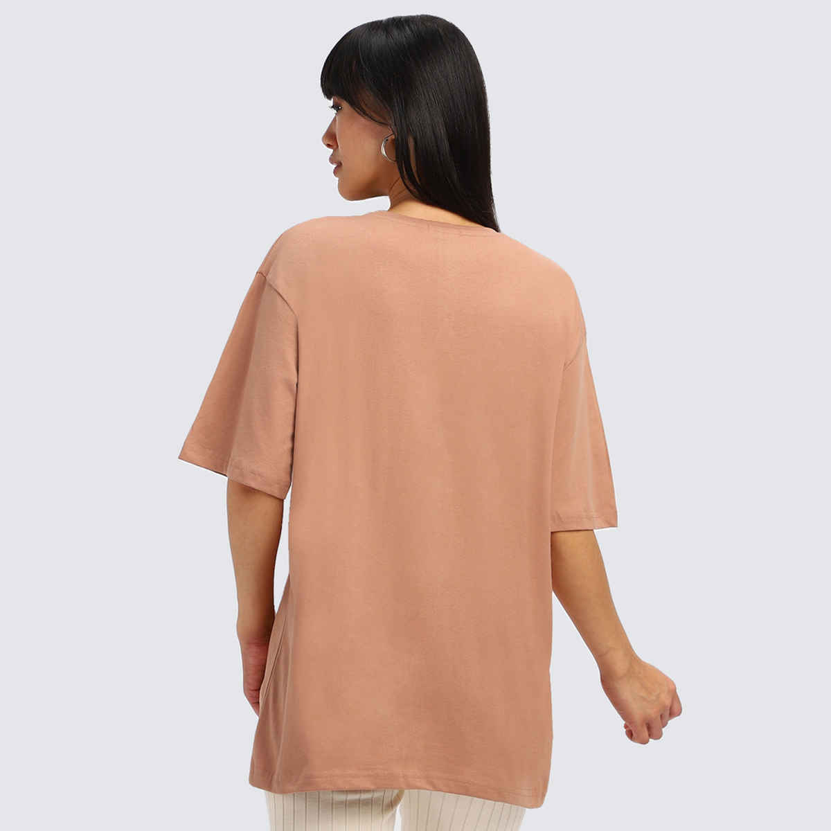 Juneberry Beige Print Graphic Oversized fit Tshirt for Women - S