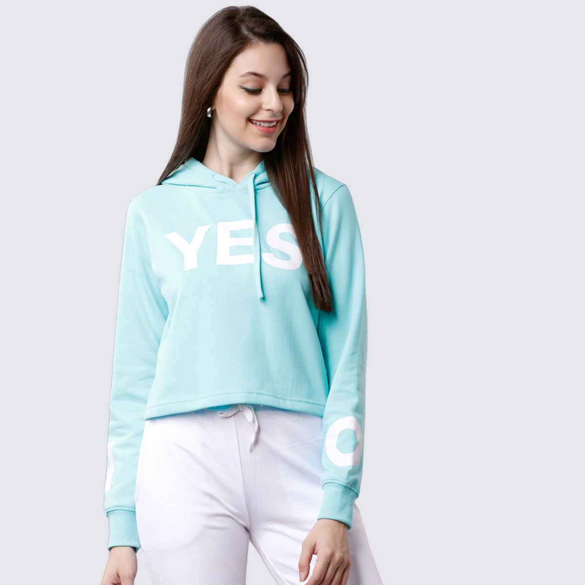 Tokyo Talkies Women's Printed Hooded Sweatshirt | Angel Blue - M