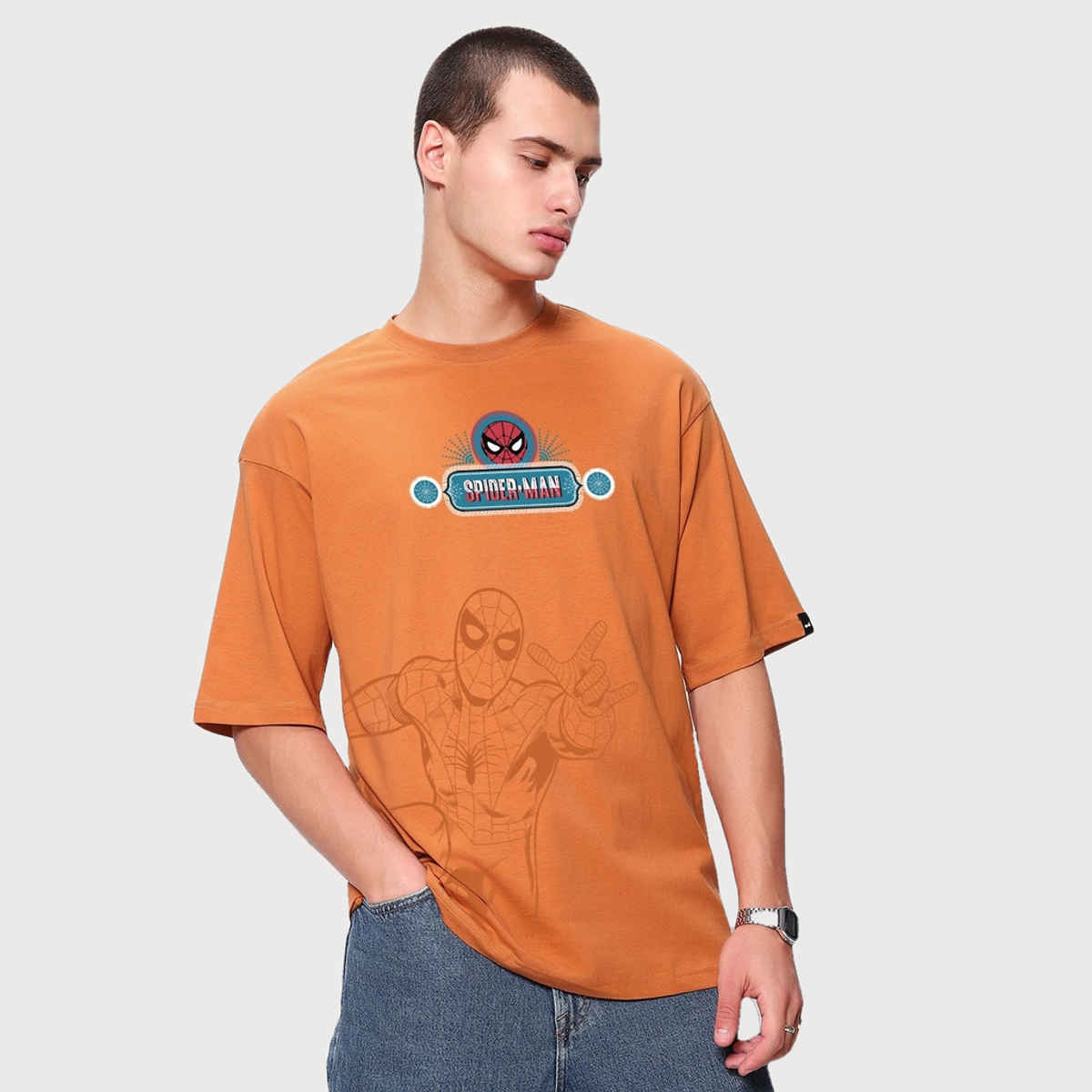 Bewakoof Men's Marvel Spider Truck Graphic Printed Oversized T-shirt | Orange - L