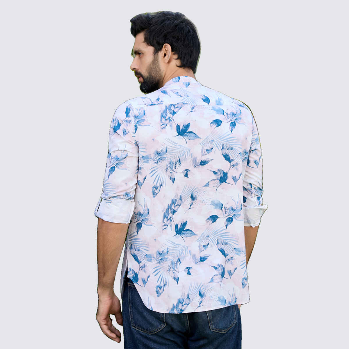 See Designs Men's Tropical Printed Rayon Short Kurta | Blue-White - S