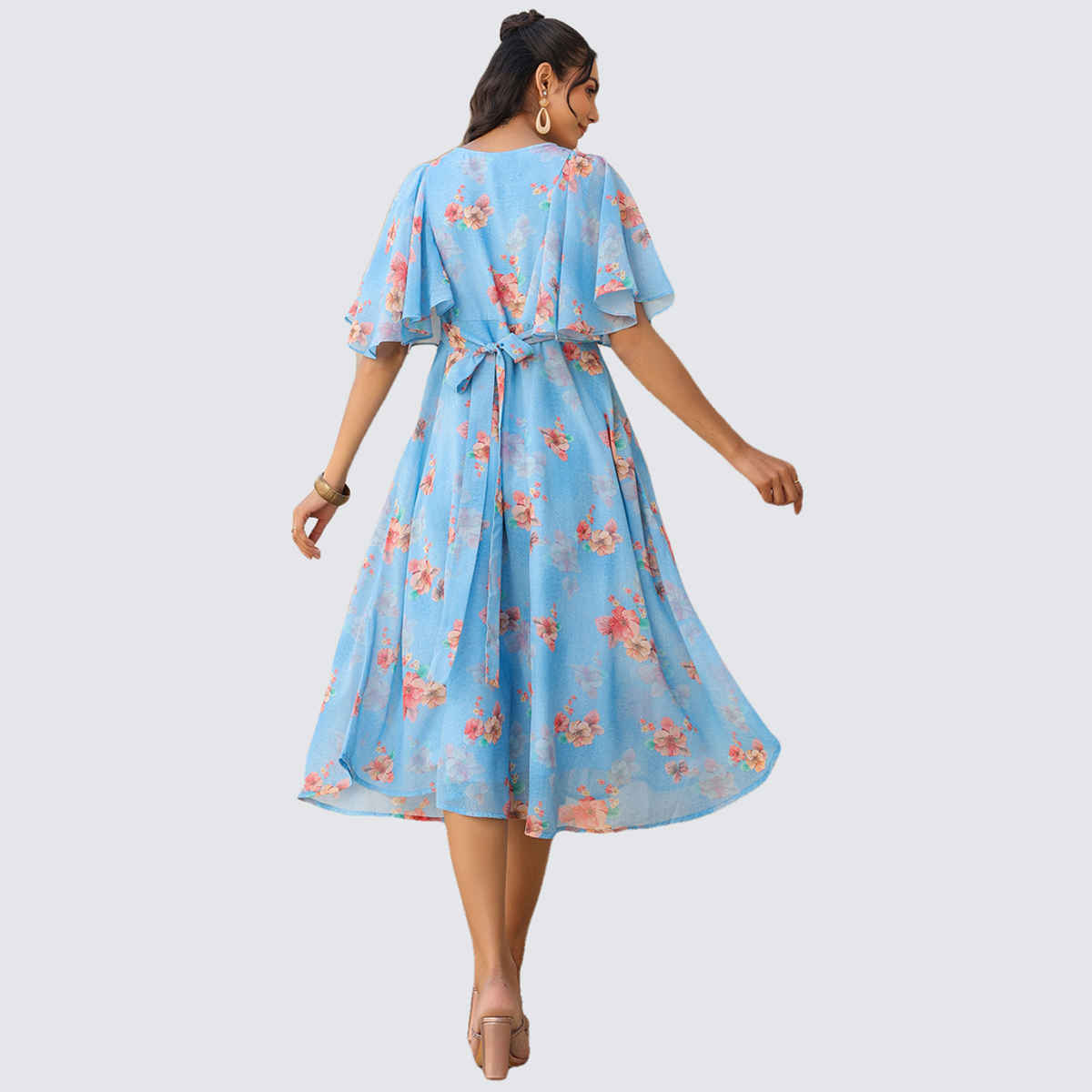 Janasya Women's Georgette Floral Printed A-line Dress | Blue - XL