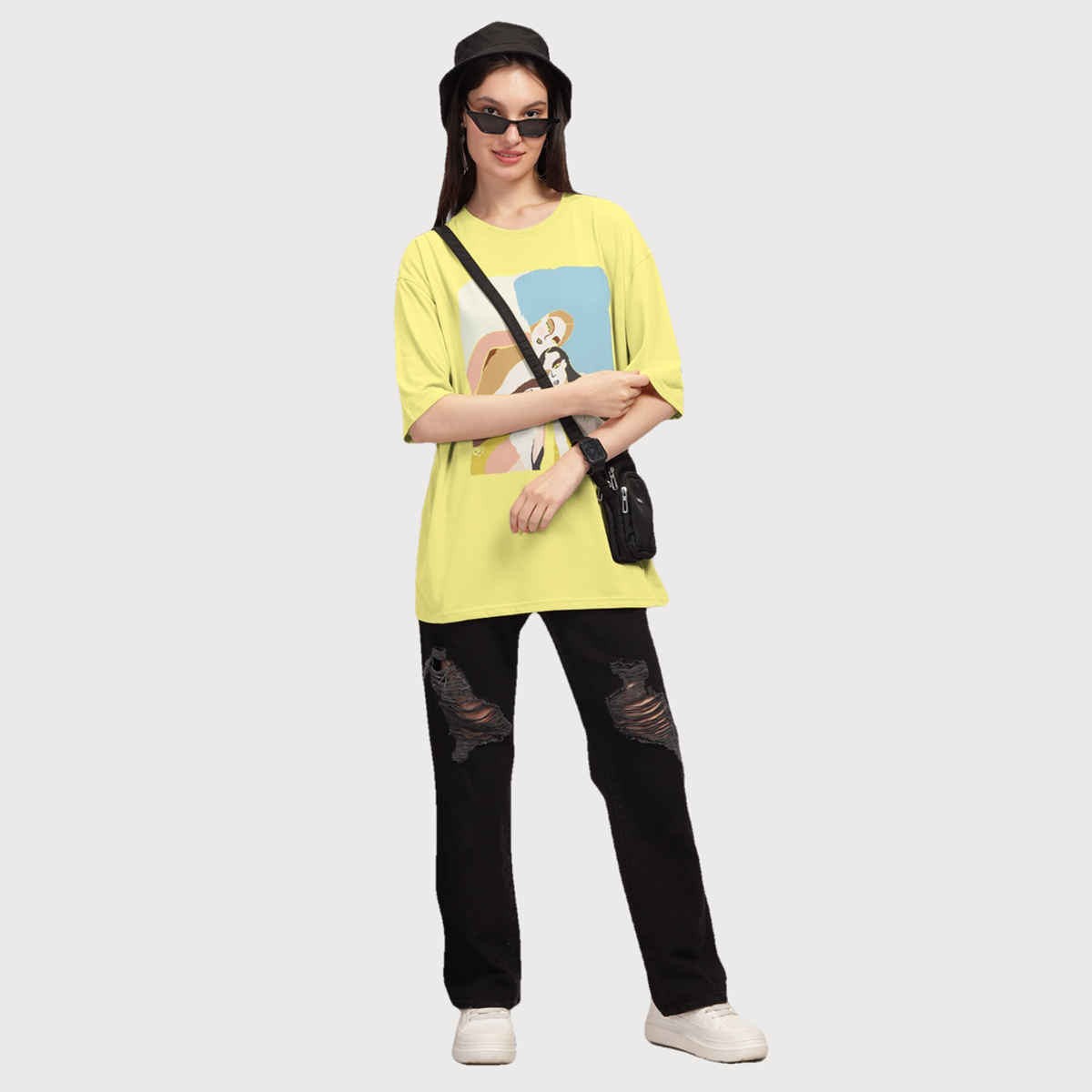 Hellcat Women's Trendy Printed Oversized T-shirt | Yellow - S
