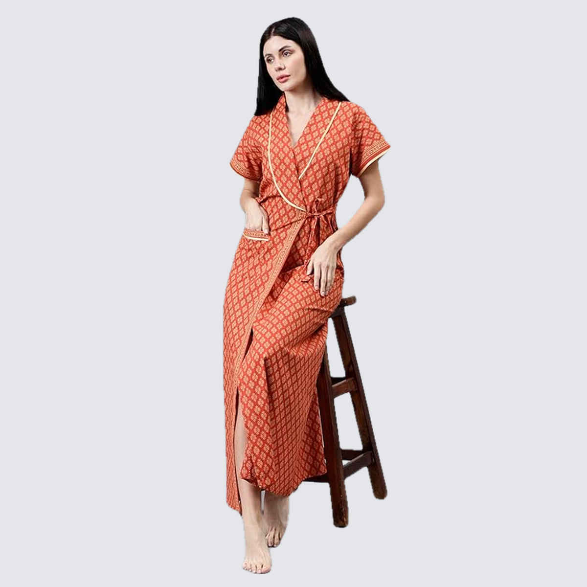 Bellamy Handprinted Cotton House Coats for Women s Nightwear | A054 | L - Orange