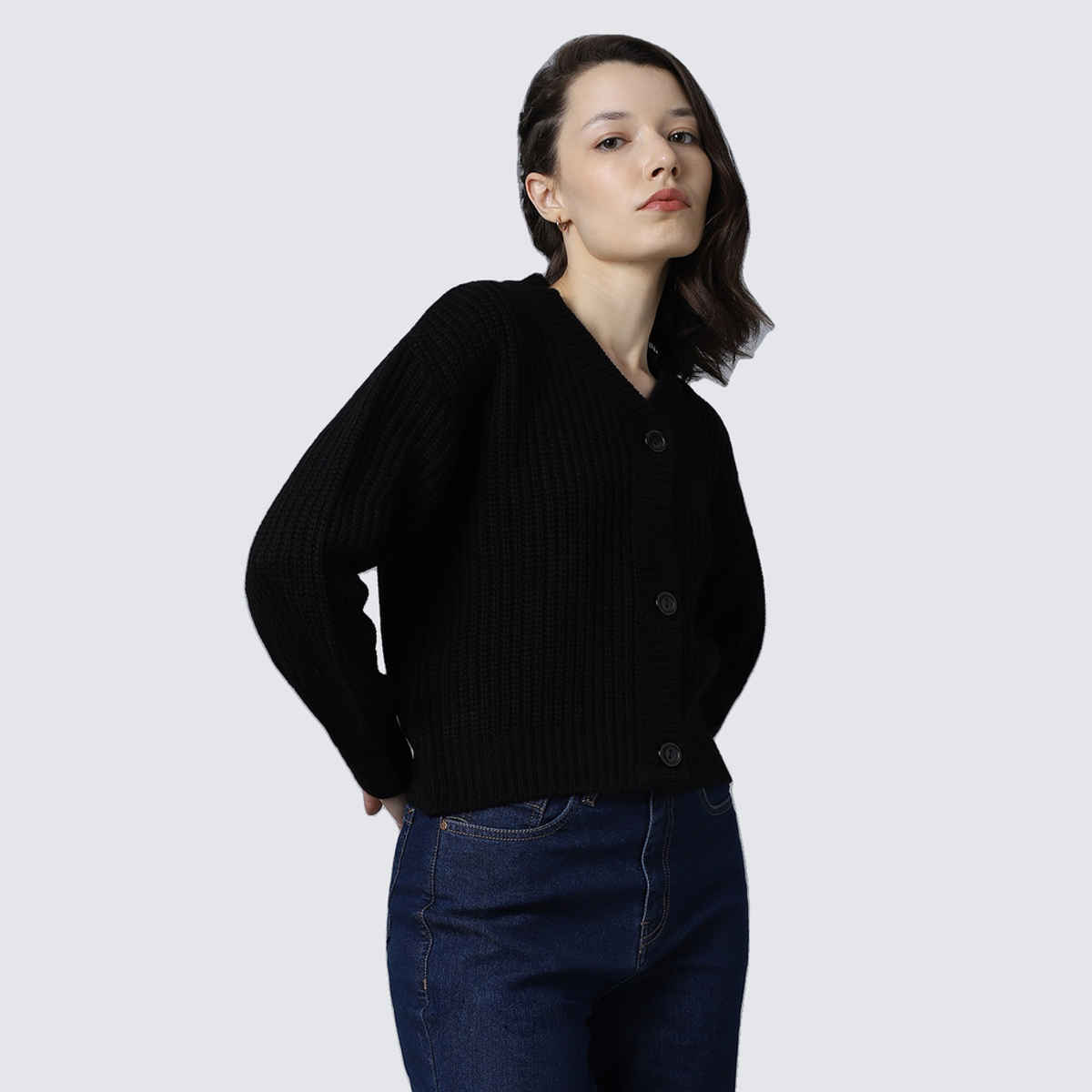 High Star Women's Ribbed Acrylic Cardigan | Black - XL