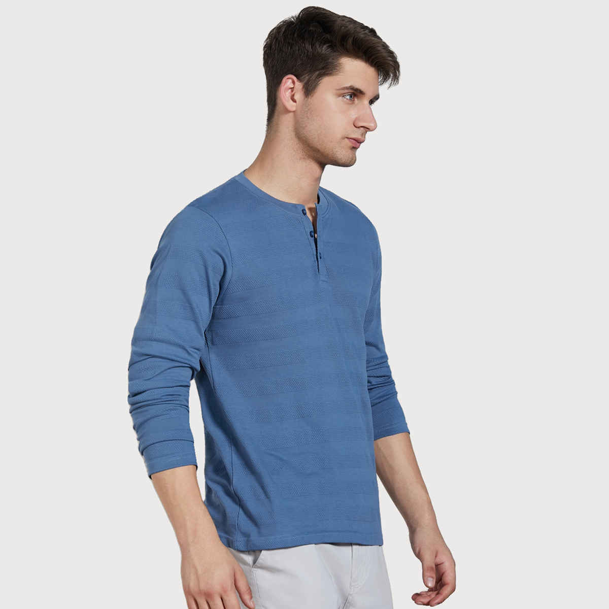Dennis Lingo Men's Textured Henley Neck Cotton Regular Fit T-shirt | Mid Blue | M