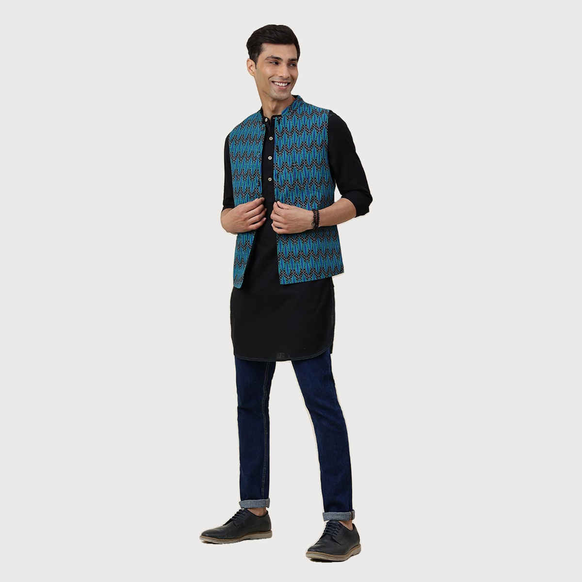 Fabindia Men's Nehru Jacket Printed Slim Fit | Blue - L