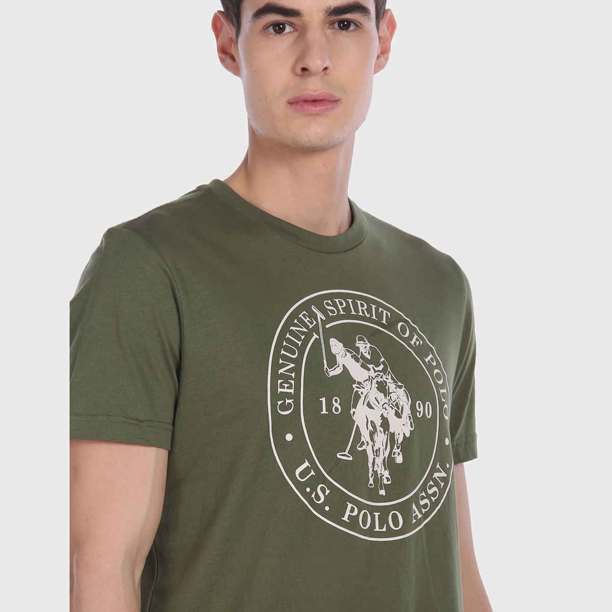 USPA Men's Printed Lounge Round Neck T Shirt - Regular Fit - Olive - L