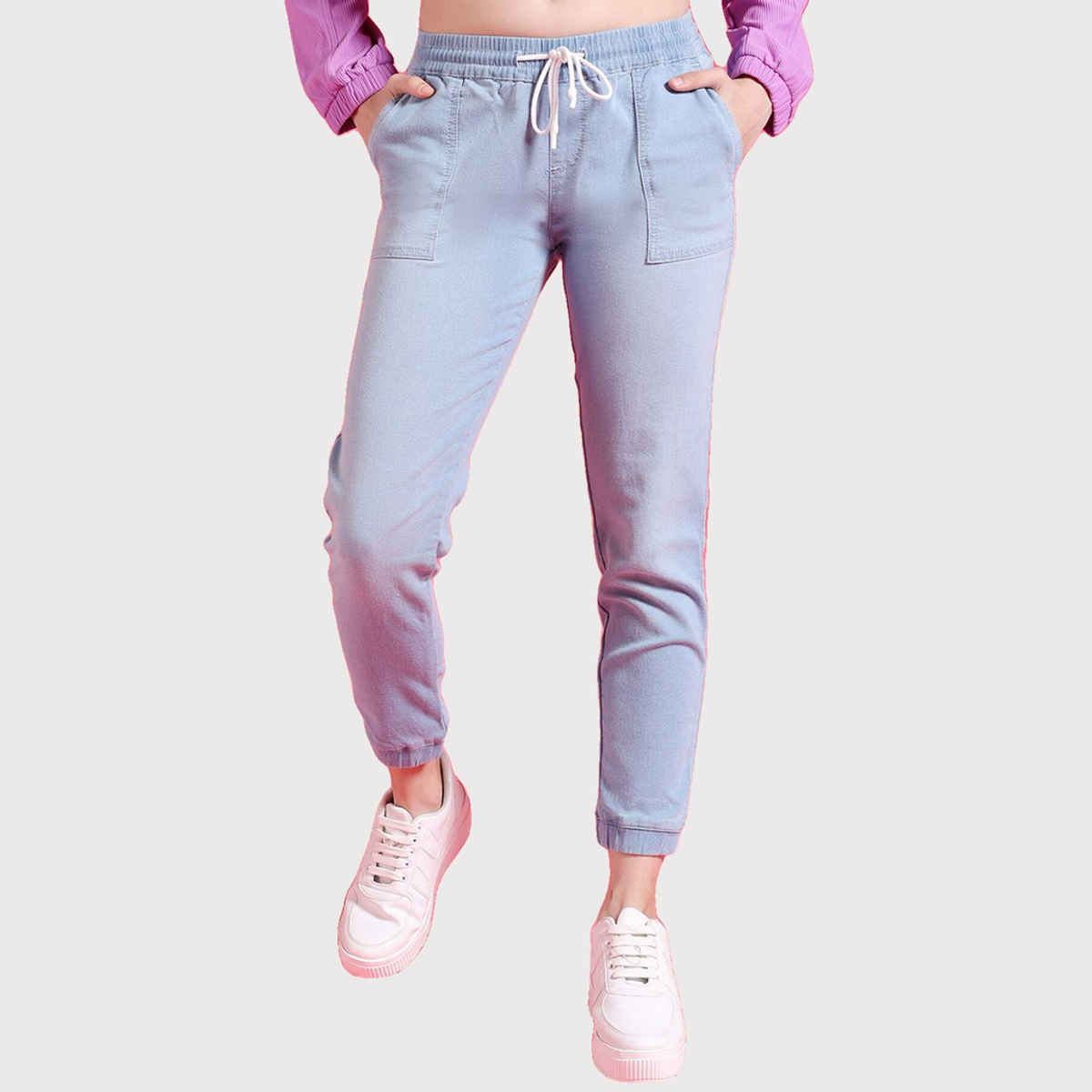 Freehand Women's Mid-Rise Light Washed Joggers With Elasticated Drawstring At Waist | Blue - 30