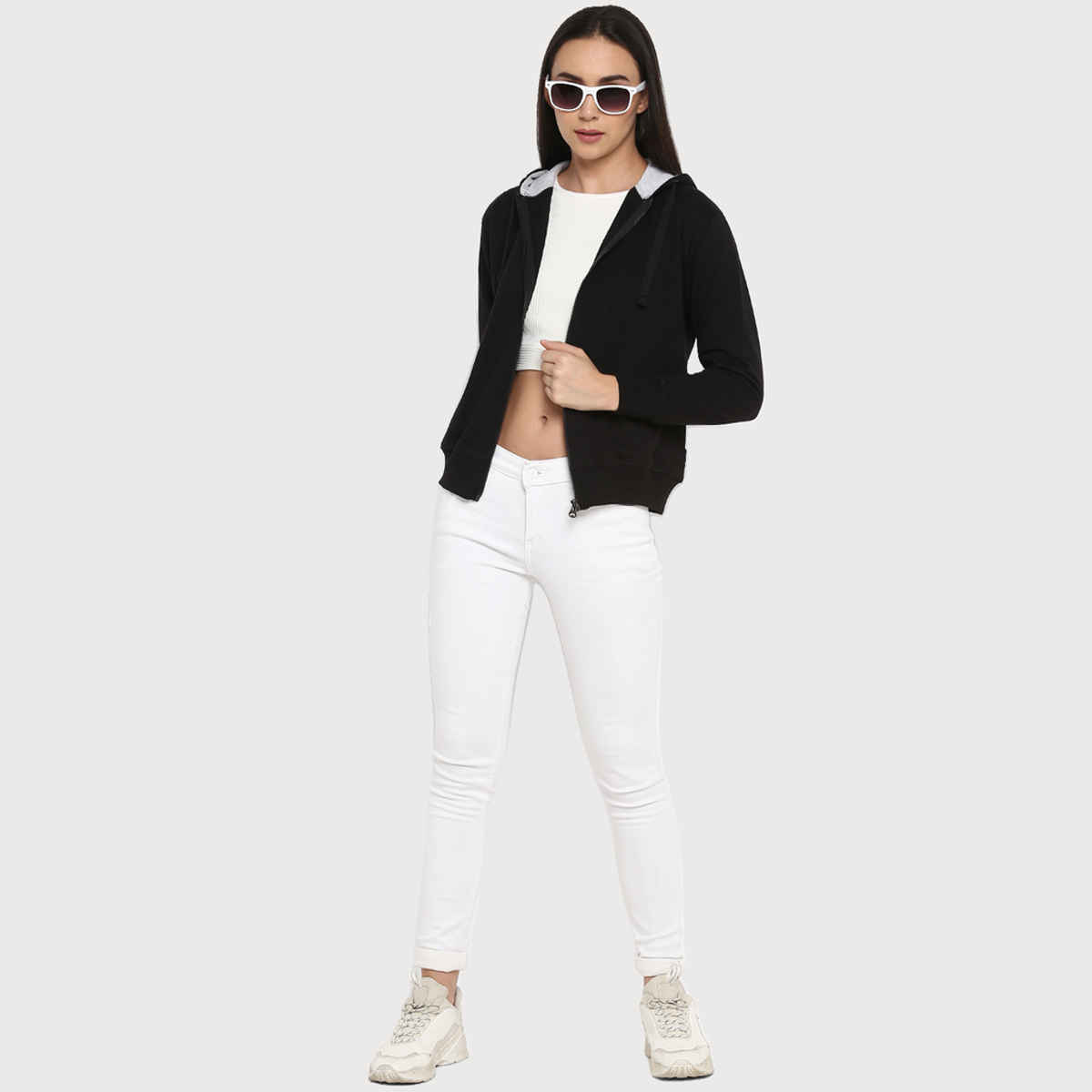 Alan Jones Clothing Women's Solid Zipper Hooded Sweatshirt | Black - XL
