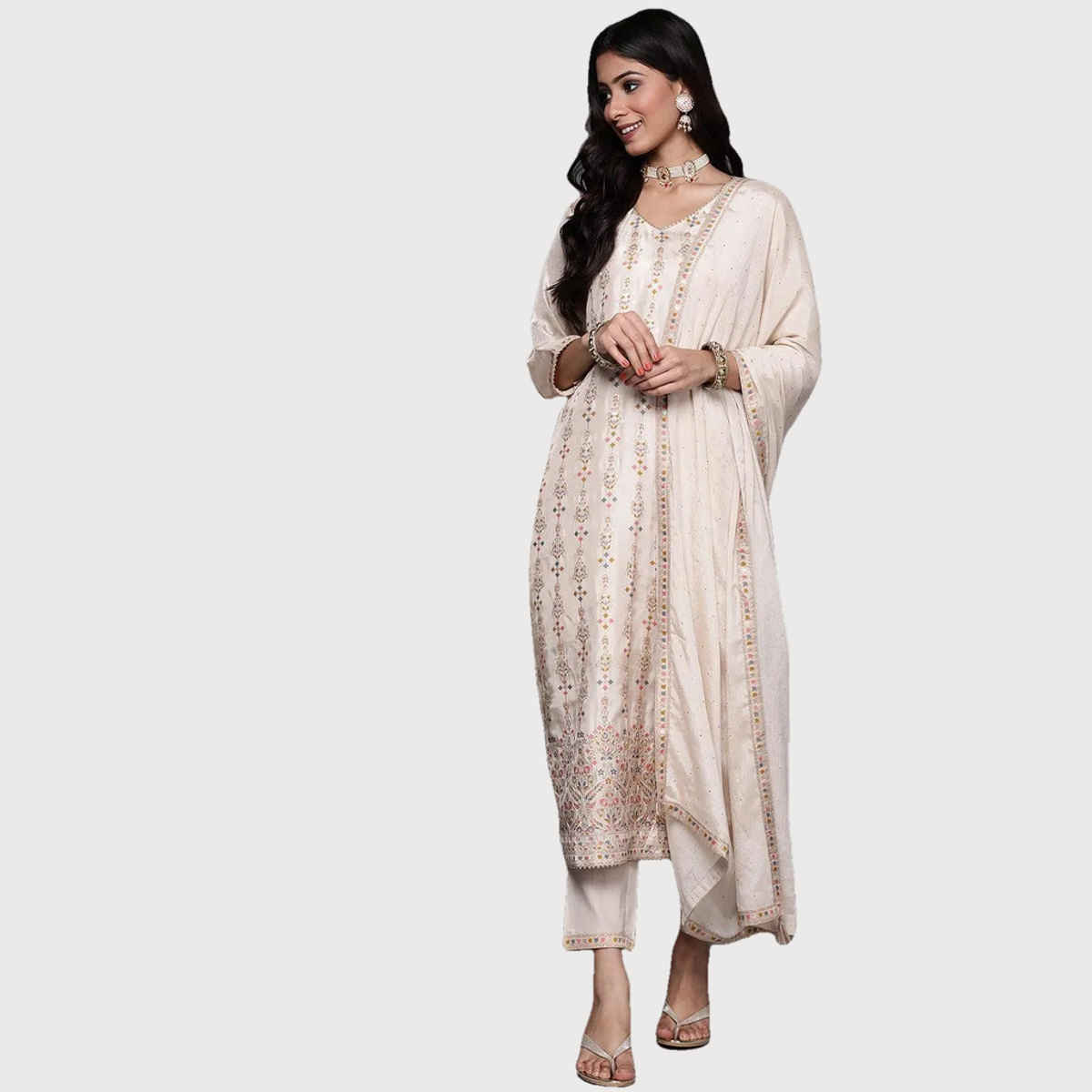 Libas Women Beige Kurta And Beige Solid Trouser With Beige Chiffon Embellished Dupatta - 33338OXL