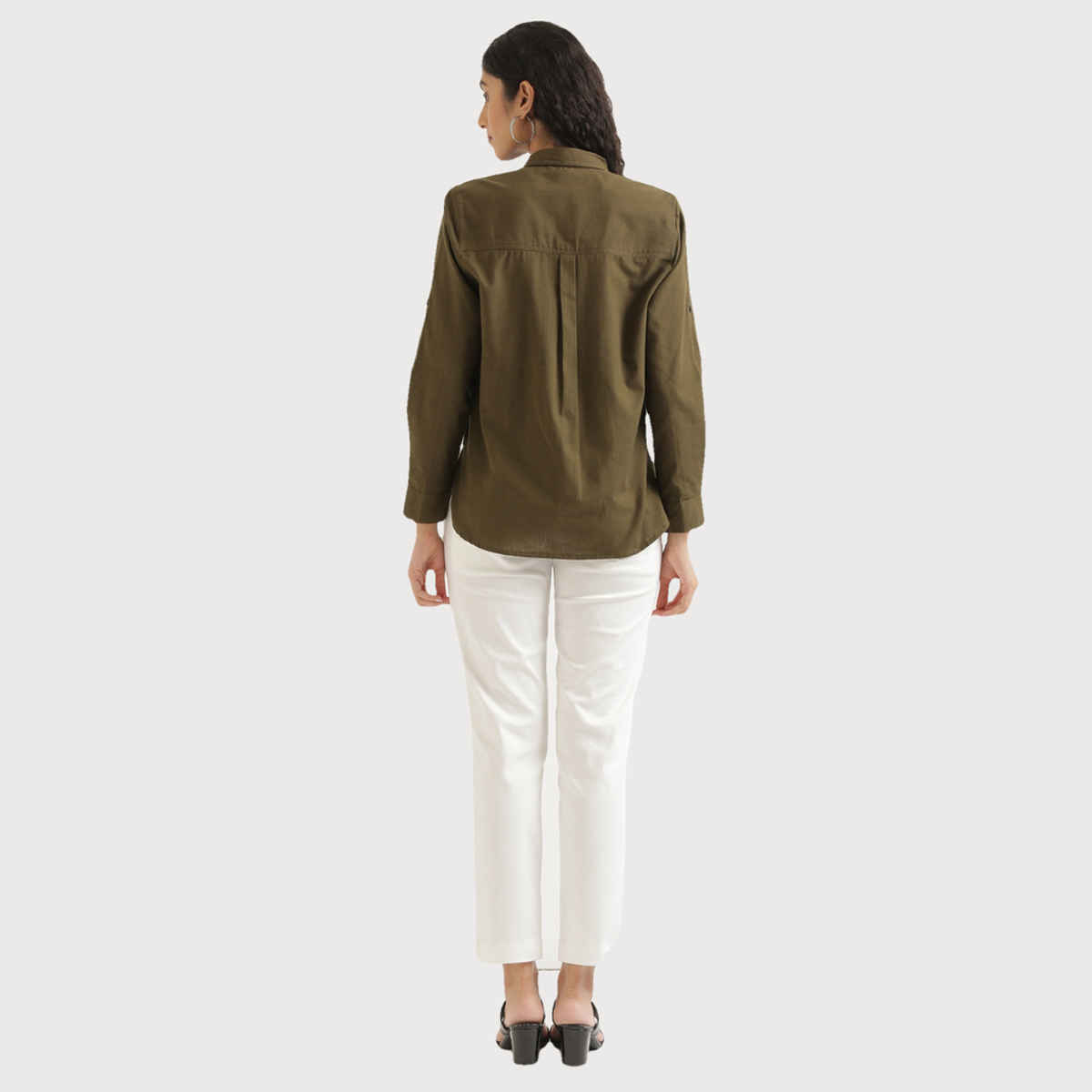 Saadaa Women's Airy Solid Linen Shirt | Olive Green - L