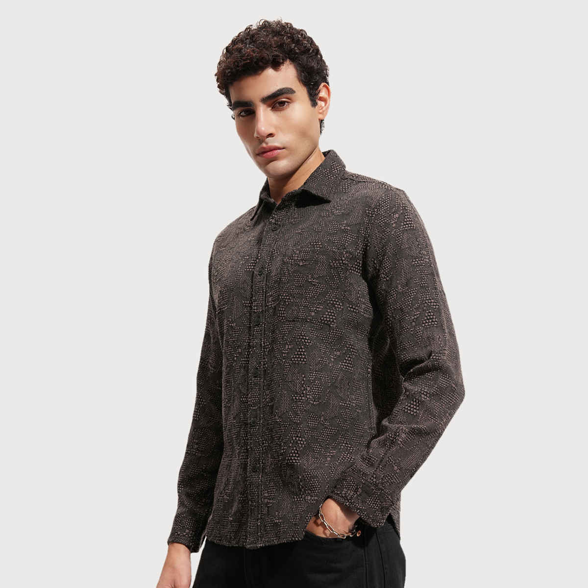 HIGHLANDER Men's Abstract Jaquard Casual Slim Fit Shirt | Coffee and Brown - L