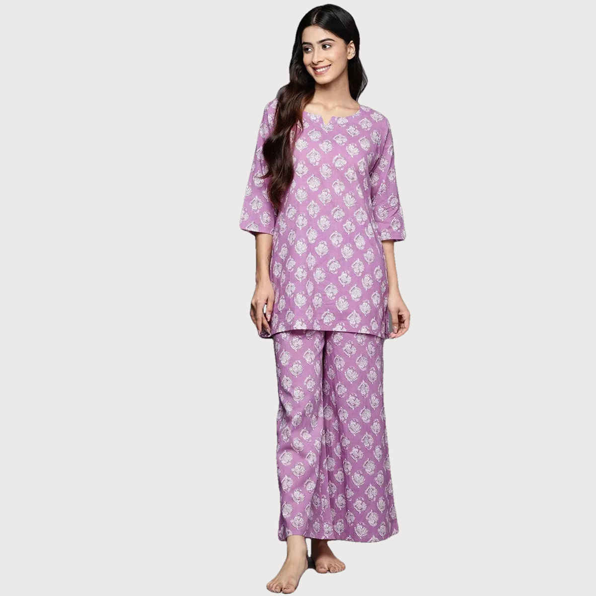 Libas Women Lavender Cotton Floral Kurti With Cotton Pyjamas - 50177S