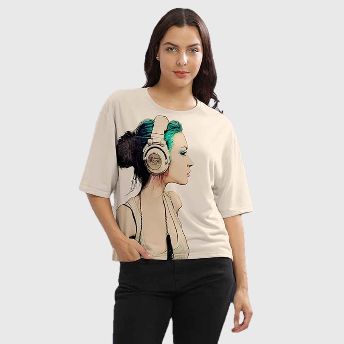 Hellcat Women's Beige Trendy Printed Crop Top | L