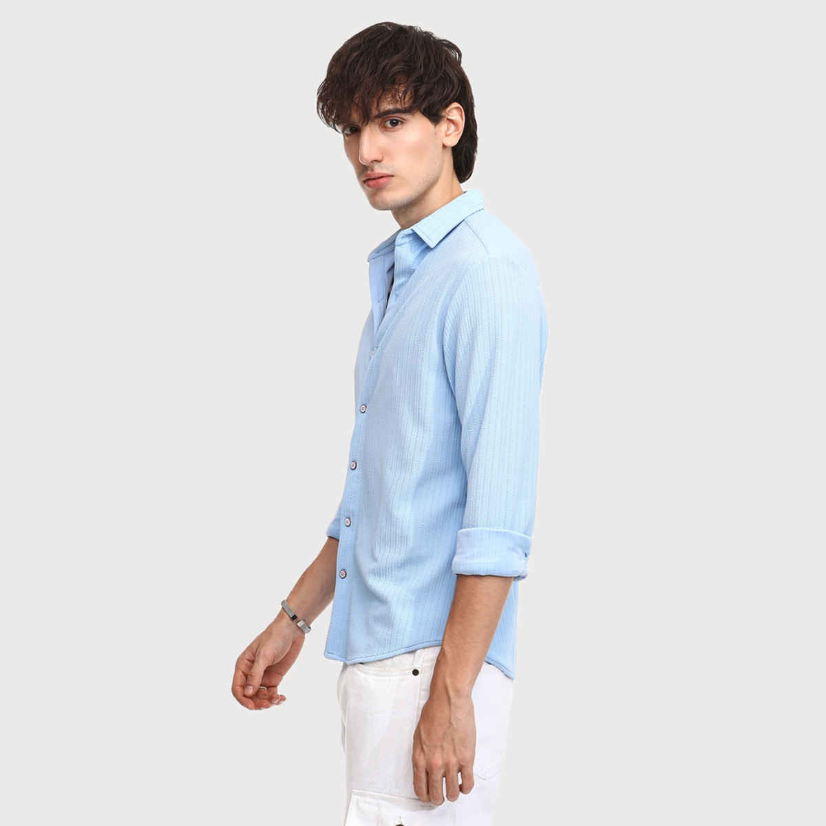 Campus Sutra Men's Stripe - Creased Shirt | Baby Blue - M