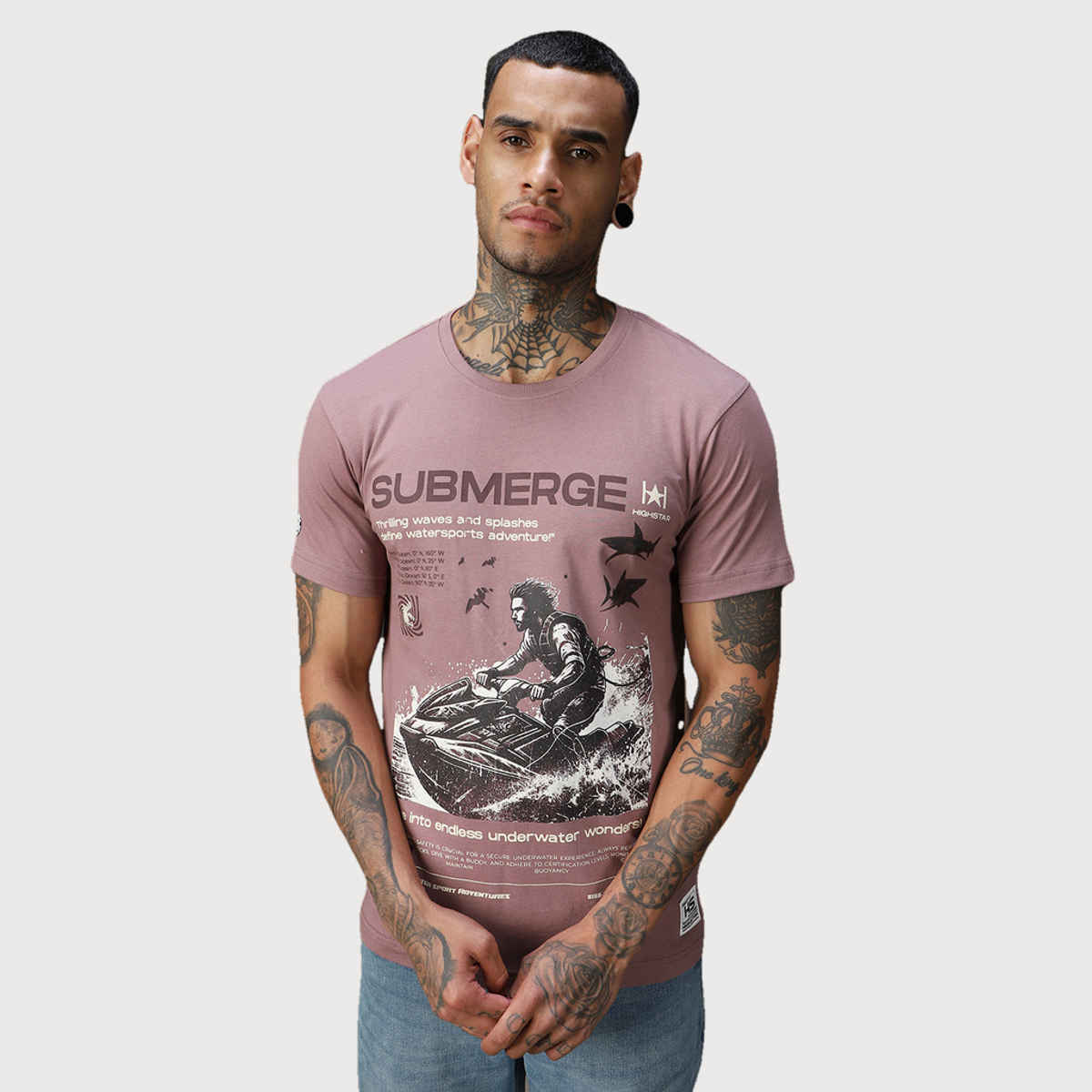 High Star Men's Moto Sports Printed Cotton Regular Fit T-Shirt | Mauve - L