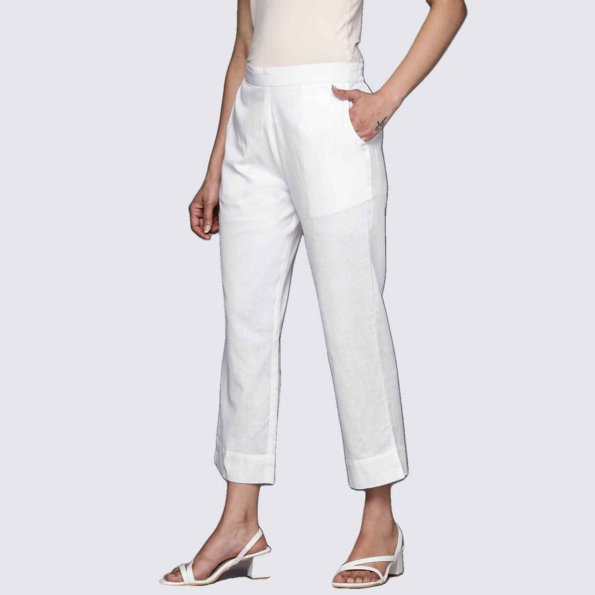 Libas Women White Cotton Side Slit Solid Trousers With Both Side Pockets - Pl1401L