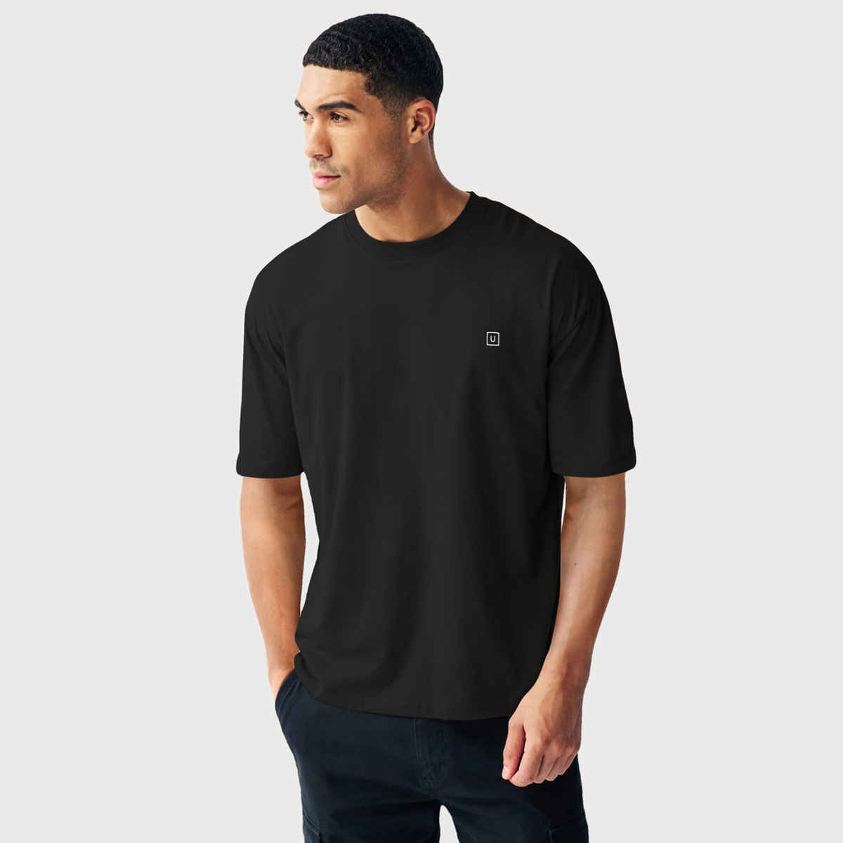 Urbano Fashion Men's Jet Black Solid Round Neck Oversized Half Sleeve Cotton T-Shirt-S