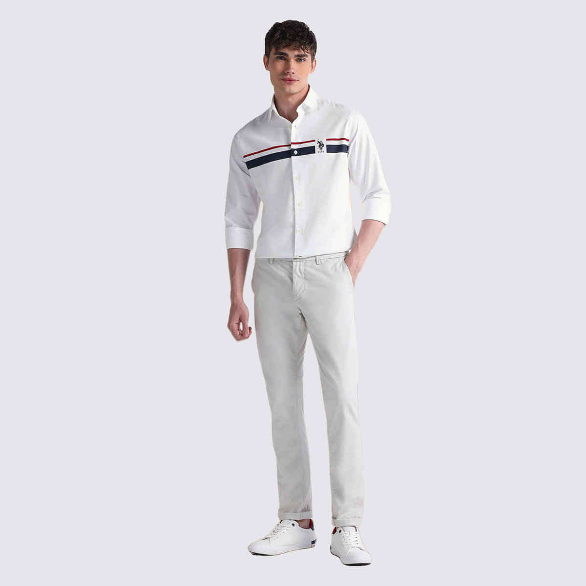 USPA Men's Shirt - Cotton Striped Casual Shirt - Tailored Fit - White - L