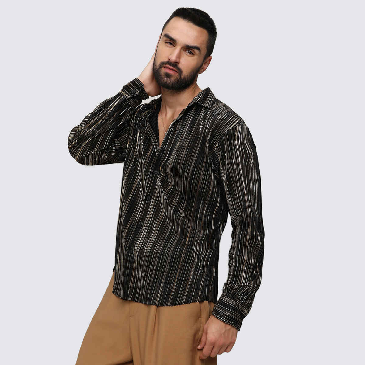 Campus Sutra Men's Pleat - Creased Shirt | Jet Black & Metallic Gold - L