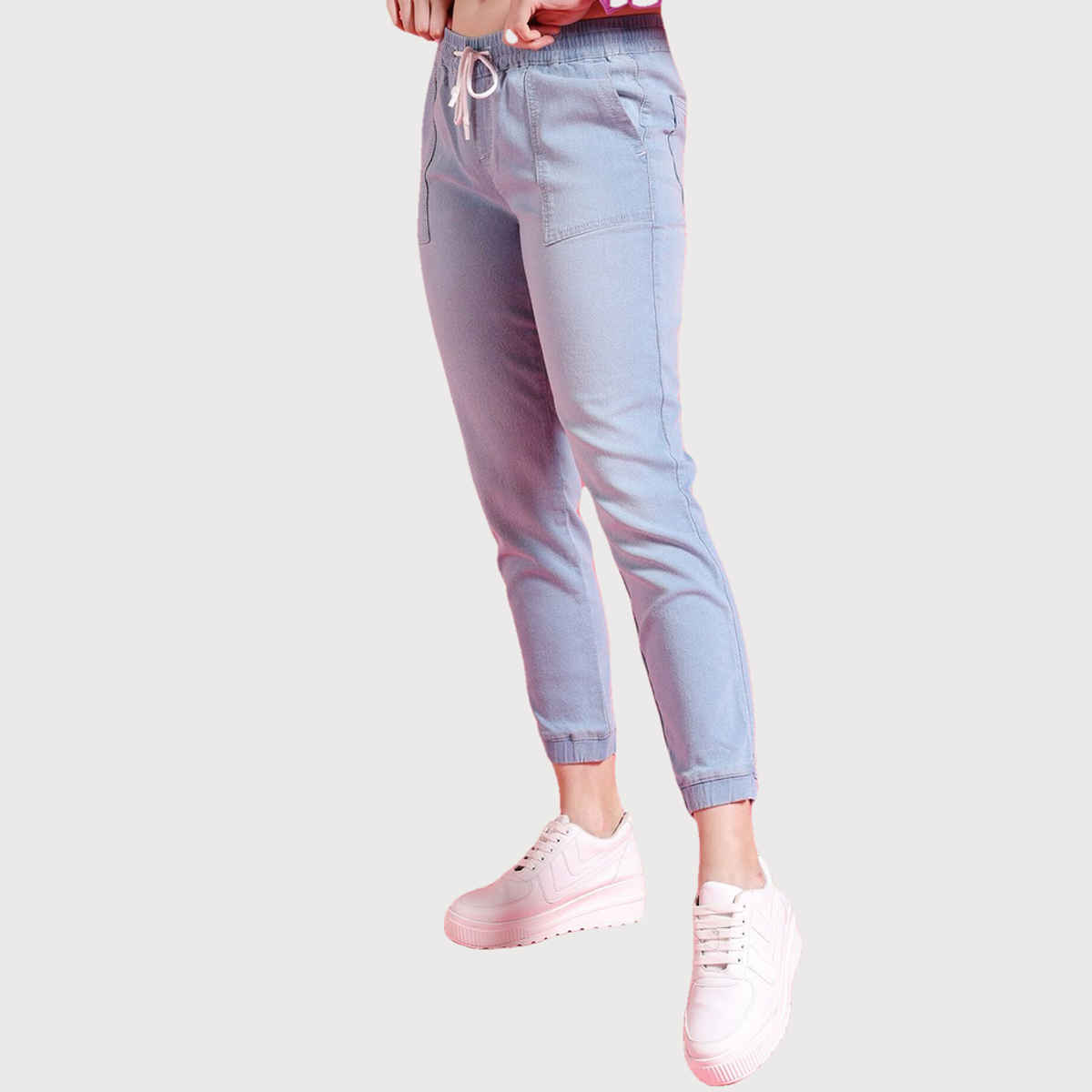 Freehand Women's Mid-Rise Light Washed Joggers With Elasticated Drawstring At Waist | Blue - 30