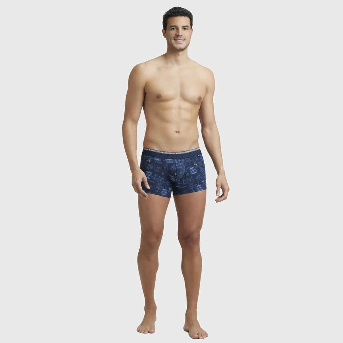 Jockey US63 Men's Super Combed Cotton Elastane Stretch Underwear Printed Trunk|Ultrasoft Waistband | Navy-M