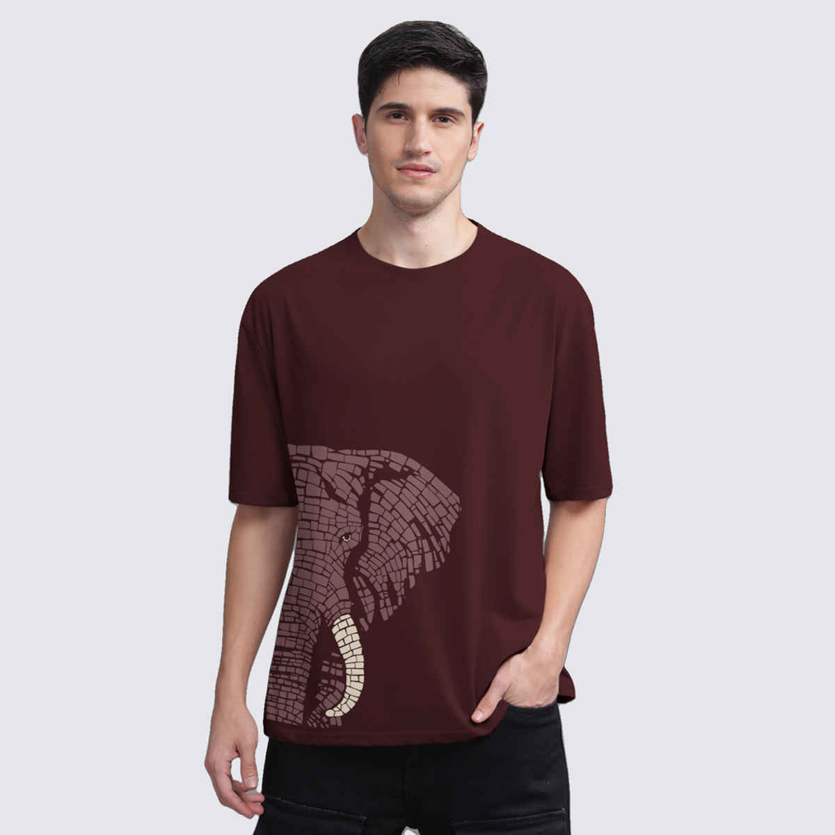 Bullmer Men's Oversized T-shirt Front and Back Printed | Trendy Maroon | S