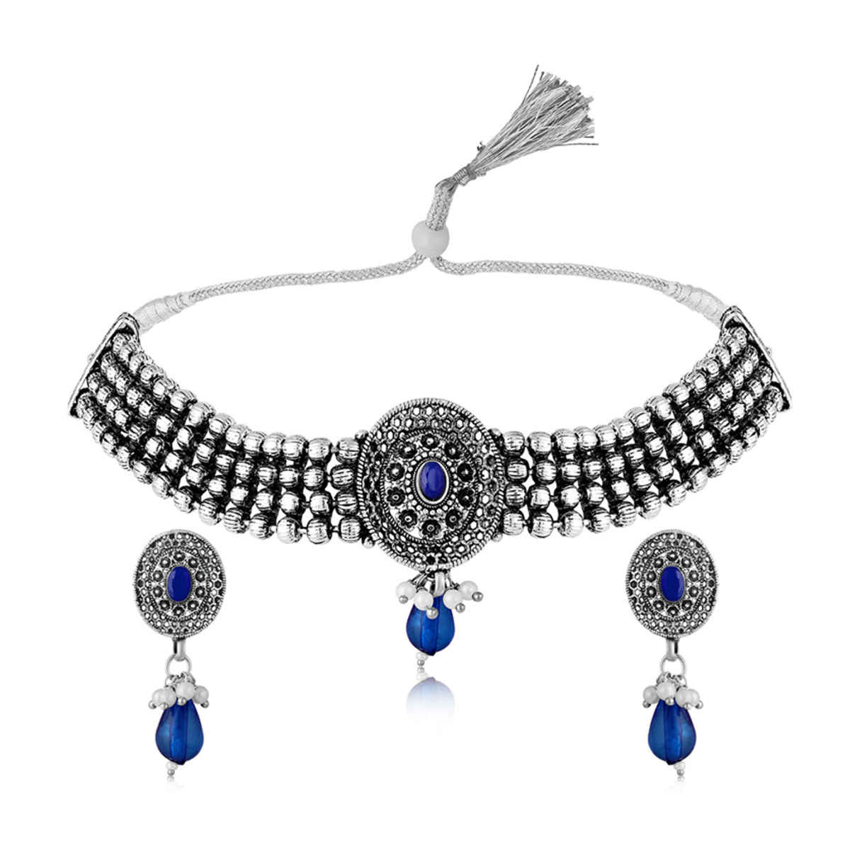 Peora Silver Plated Rhodium Studded Necklace Drop Earrings Set | White & Blue | PF04NK10328RWB