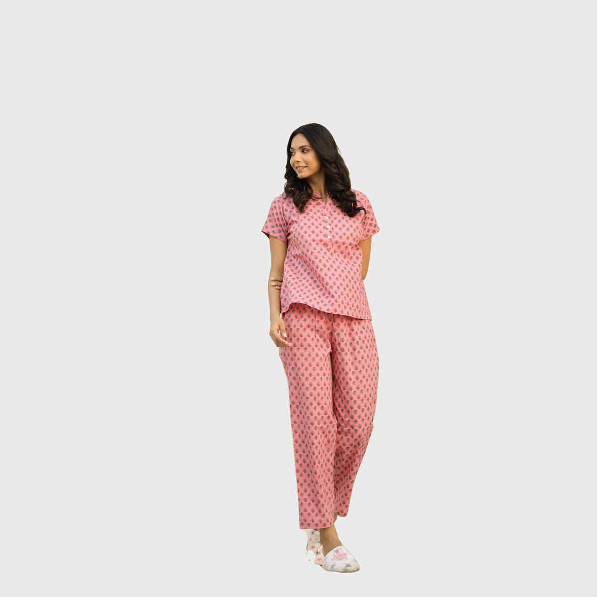 Sanskrutihomes Women Printed Pure Cotton Night Suit | Pink | L