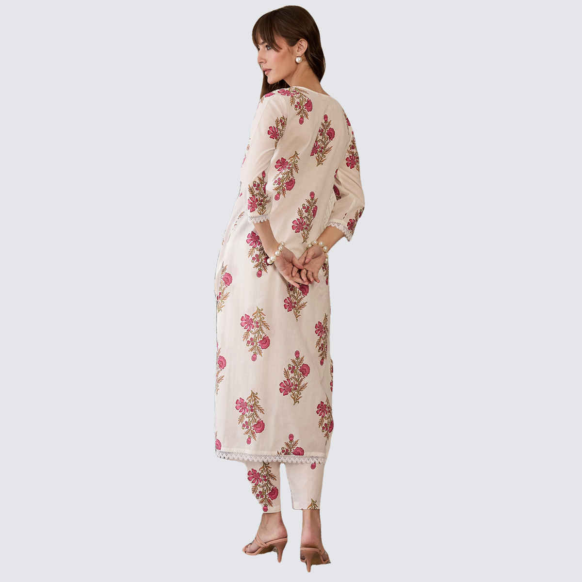 INDO ERA Women's Printed Straight Kurta Pant Set | KS0WH10041 | White - XL